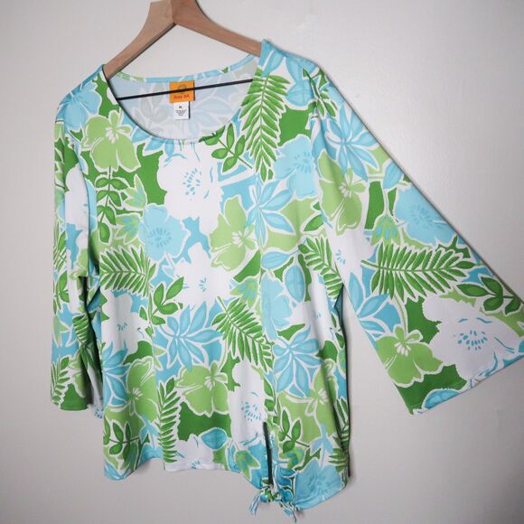Ruby Rd. Womens Top Size XL Blue Green Floral 3/4 Sleeve Stretch Tie‎ Knot - Picture 6 of 8